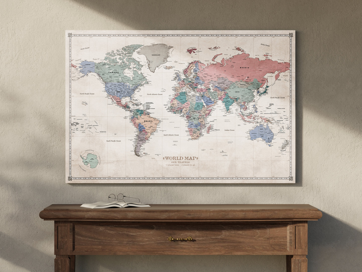 Carte du Monde Personnalisée sur Toile avec Épingles - Ambiance Pastel