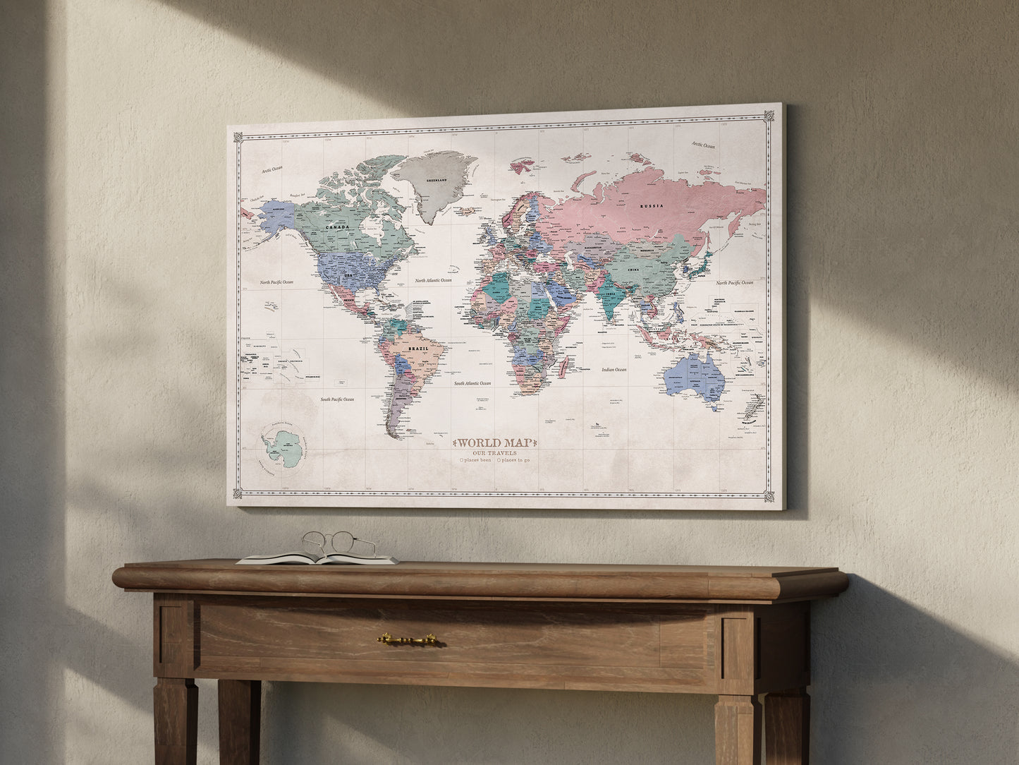 Carte du Monde Personnalisée sur Toile avec Épingles - Ambiance Pastel