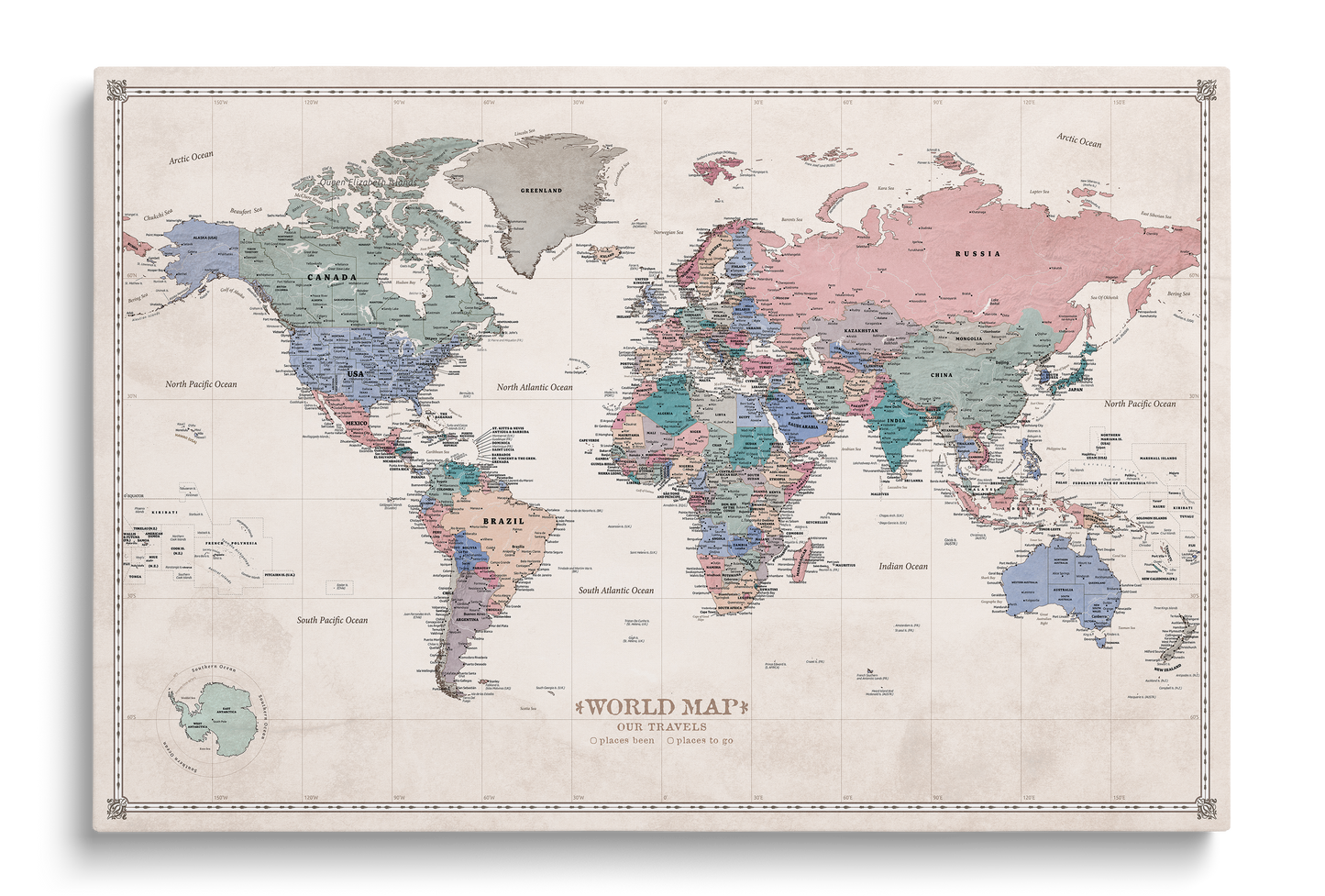 Carte du Monde Personnalisée sur Toile avec Épingles - Ambiance Pastel