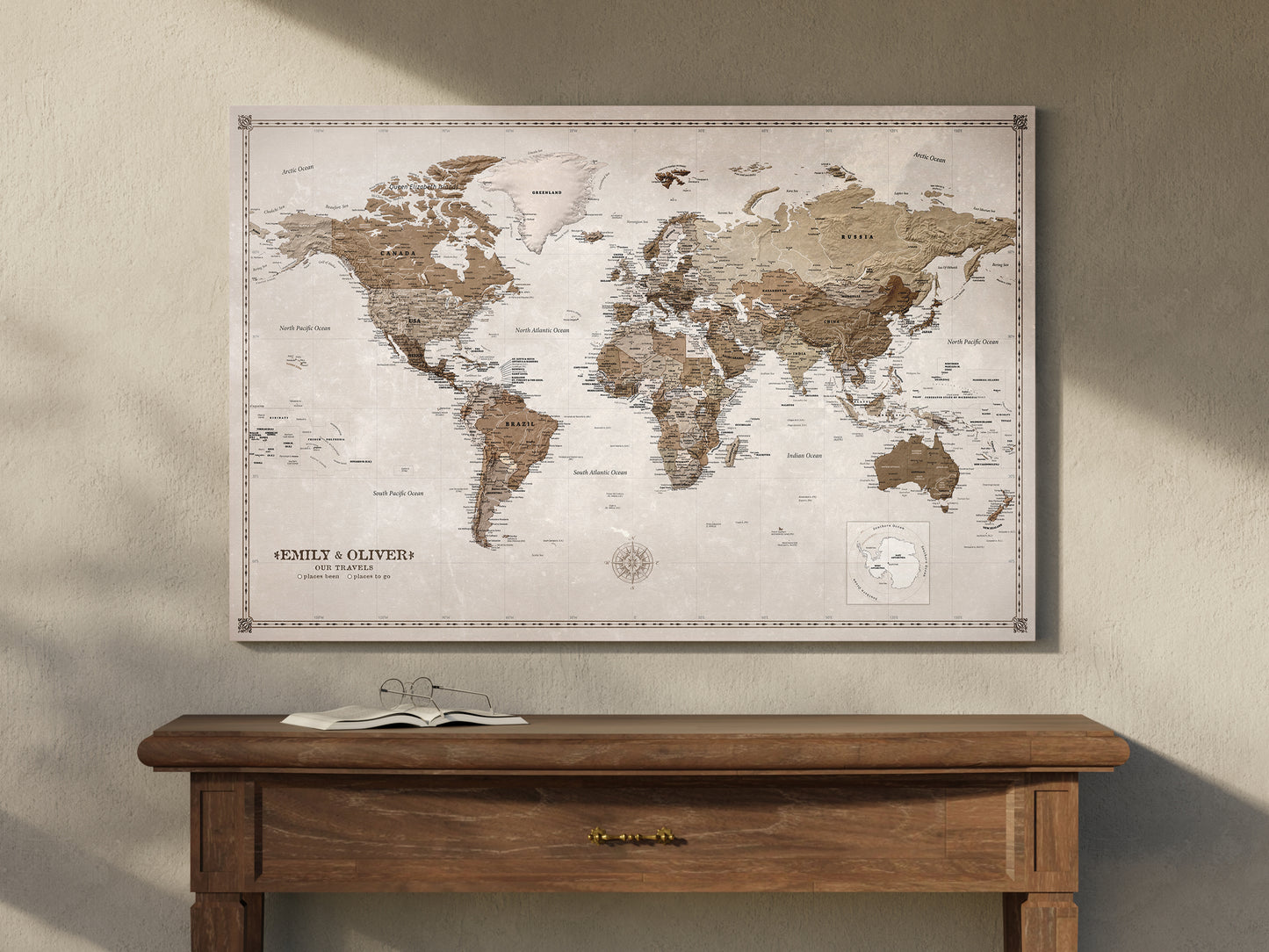 Carte du Monde Personnalisée sur Toile avec Épingles - Desert Tones