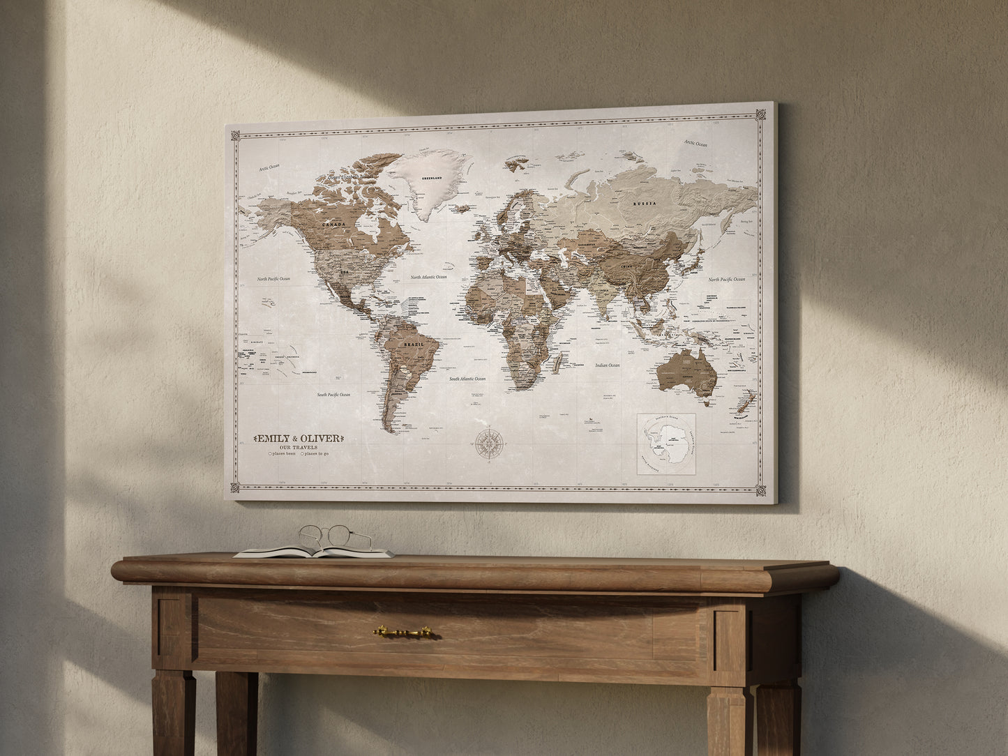 Carte du Monde Personnalisée sur Toile avec Épingles - Desert Tones