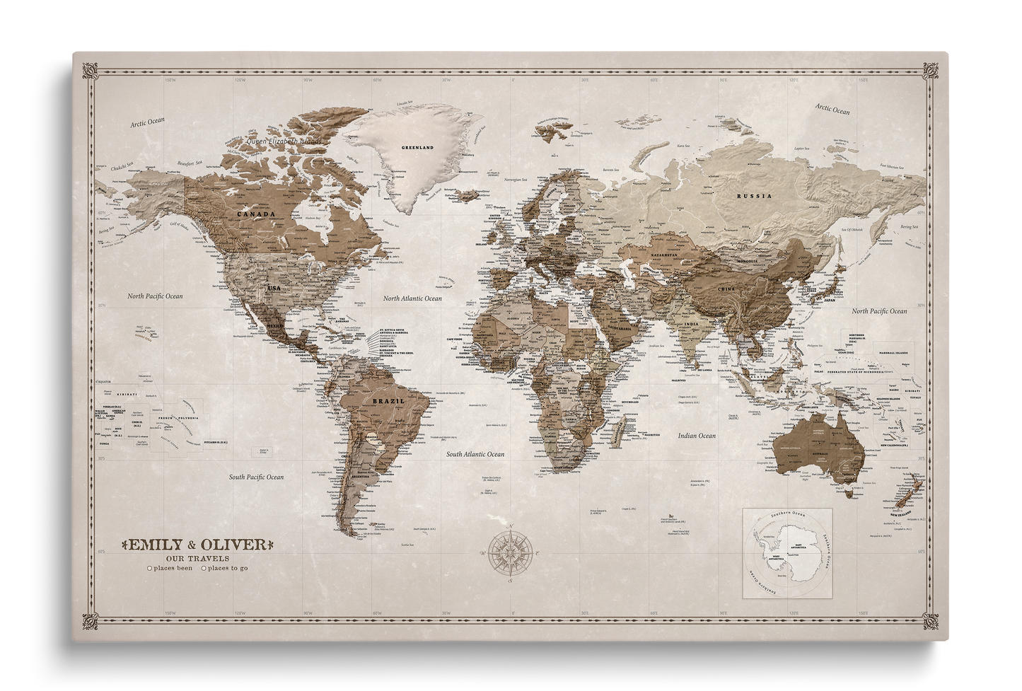 Carte du Monde Personnalisée sur Toile avec Épingles - Desert Tones