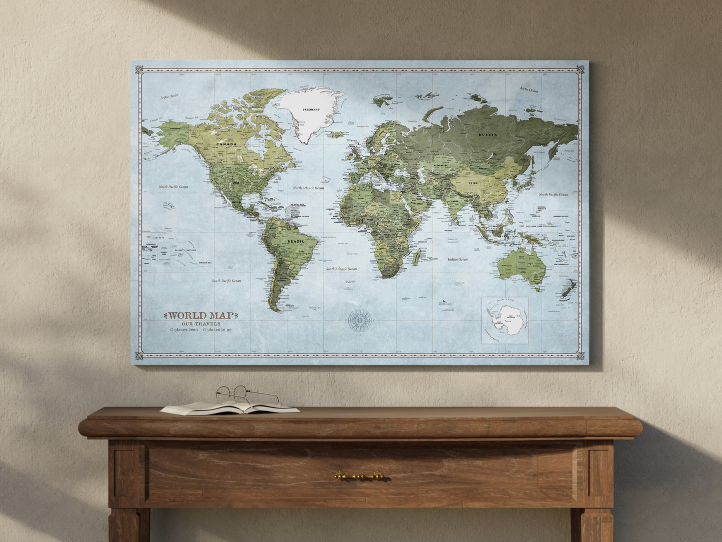 Carte du Monde Personnalisée sur Toile avec Épingles - Terre Pure