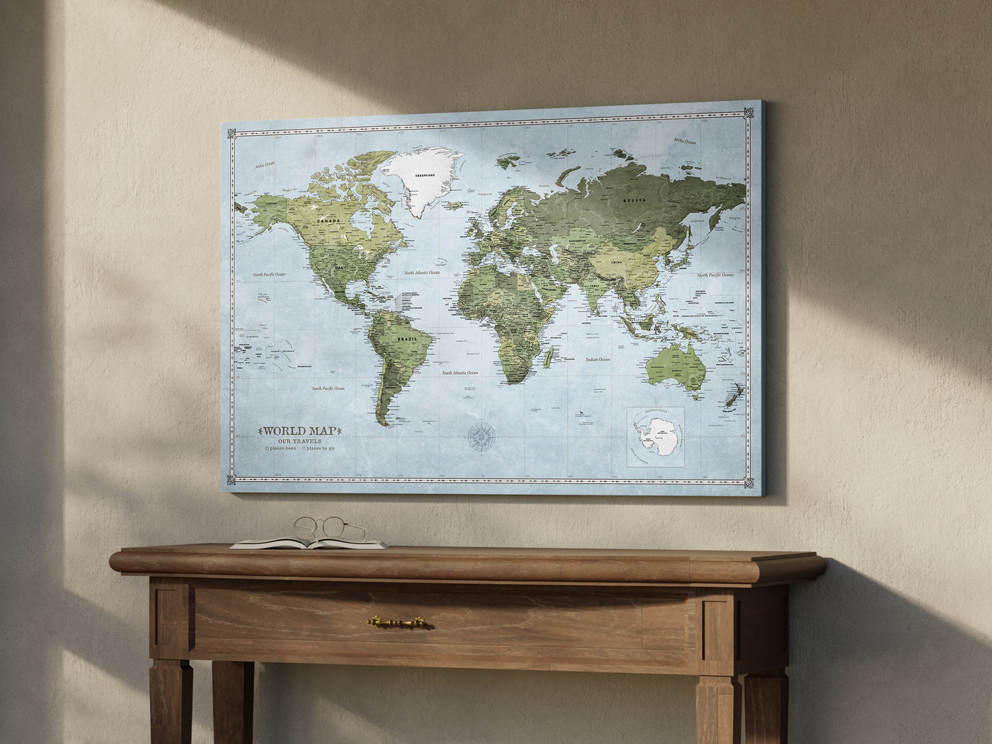 Carte du Monde Personnalisée sur Toile avec Épingles - Terre Pure