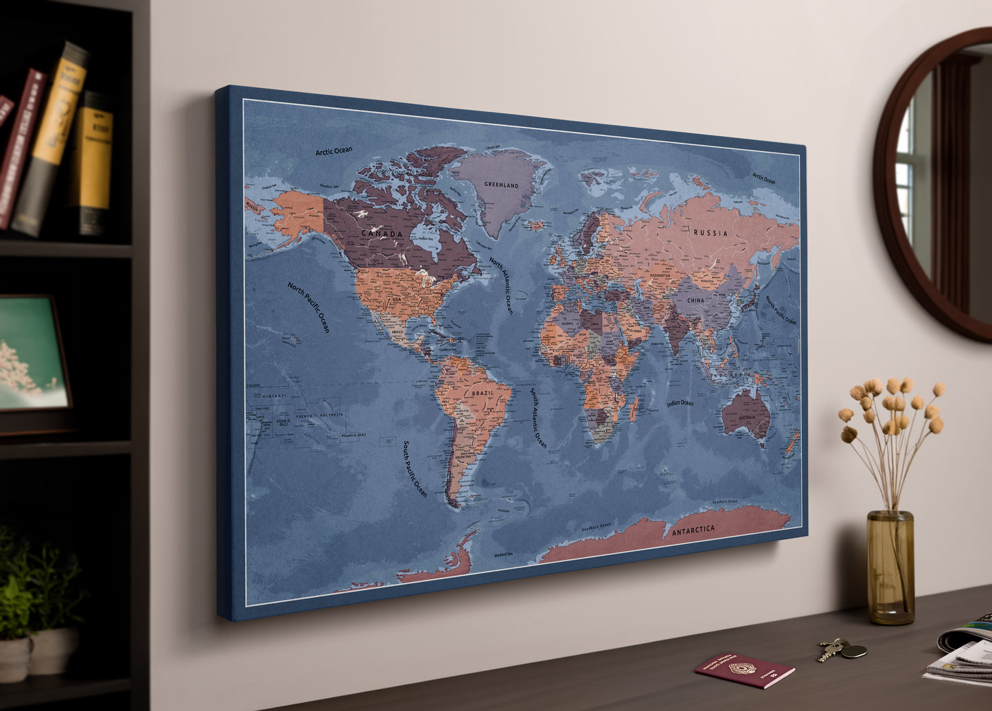 Carte du Monde Personnalisée sur Toile avec Épingles - Crépuscule Précoce