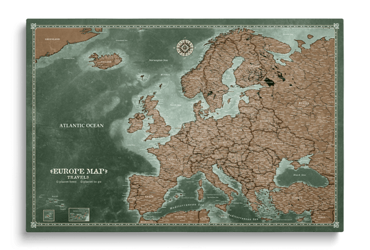 Carte de l’Europe Personnalisée sur Toile avec Épingles - Explorer's Green