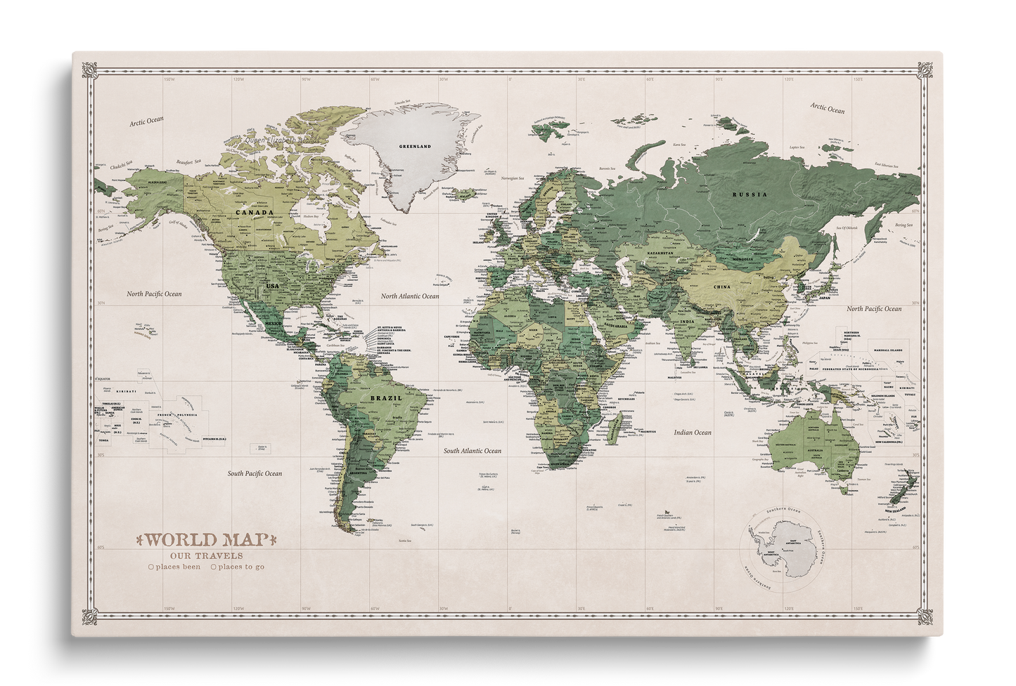 Carte du Monde Personnalisée sur Toile avec Épingles - Jardin vert