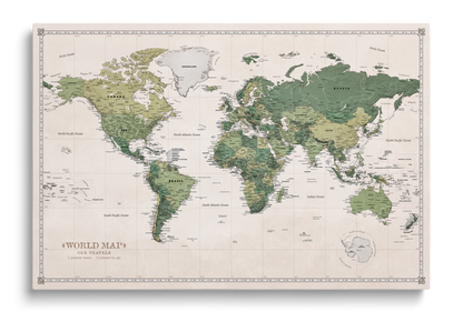 Carte du Monde Personnalisée sur Toile avec Épingles - Jardin vert