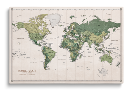 Carte du Monde Personnalisée sur Toile avec Épingles - Jardin vert