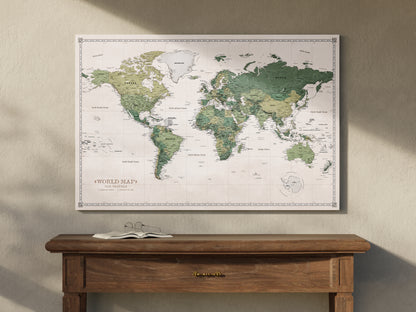 Carte du Monde Personnalisée sur Toile avec Épingles - Jardin vert