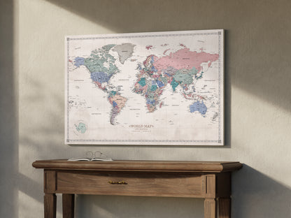 Carte du Monde Personnalisée sur Toile avec Épingles - Ambiance Pastel