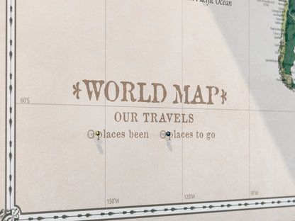 Carte du Monde Personnalisée sur Toile avec Épingles - Jardin vert