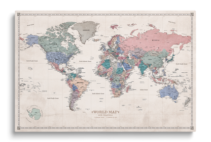 Carte du Monde Personnalisée sur Toile avec Épingles - Ambiance Pastel