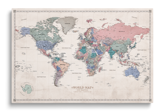 Carte du Monde Personnalisée sur Toile avec Épingles - Ambiance Pastel