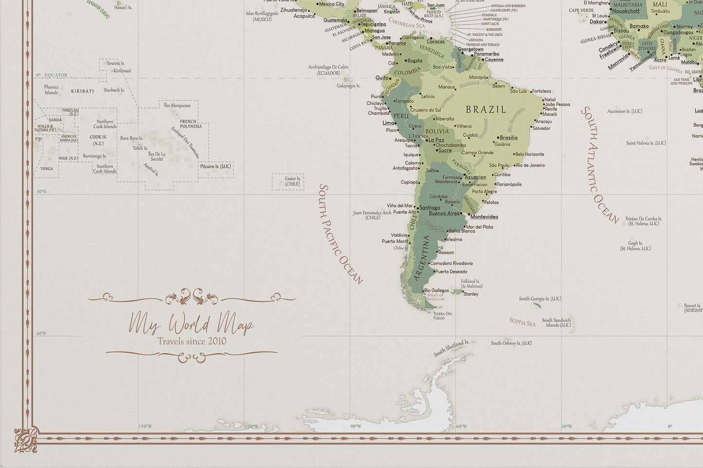 Carte du Monde Personnalisée sur Toile avec Épingles - Jardin vert