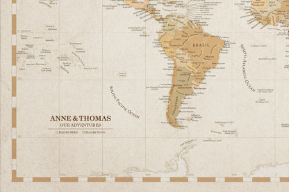 Carte du Monde Personnalisée sur Toile avec Épingles - Ère Dorée