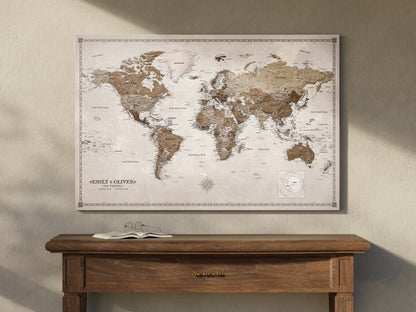 Carte du Monde Personnalisée sur Toile avec Épingles - Desert Tones