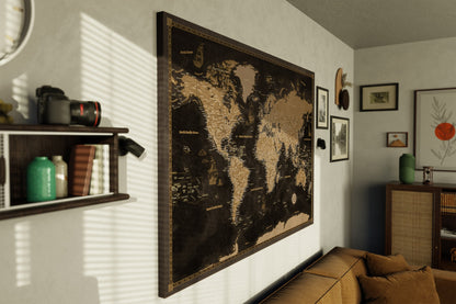 Carte du Monde Personnalisée sur Toile avec Épingles - Voyages Dorés