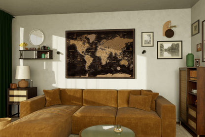 Carte du Monde Personnalisée sur Toile avec Épingles - Voyages Dorés