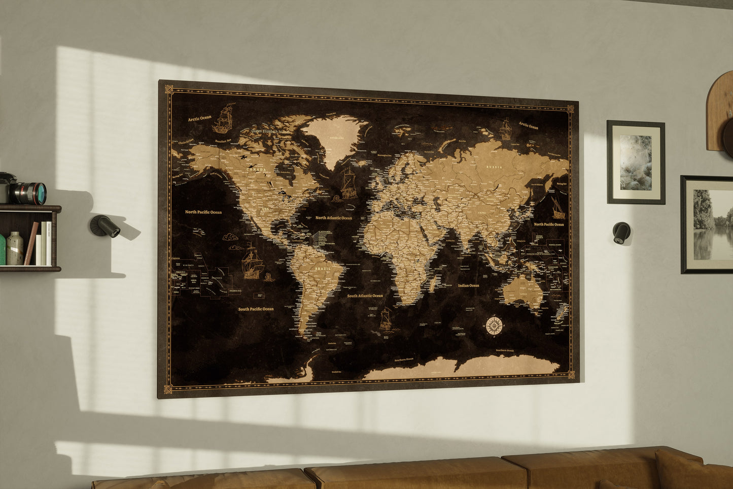 Carte du Monde Personnalisée sur Toile avec Épingles - Voyages Dorés