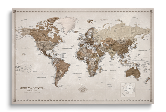 Carte du Monde Personnalisée sur Toile avec Épingles - Desert Tones