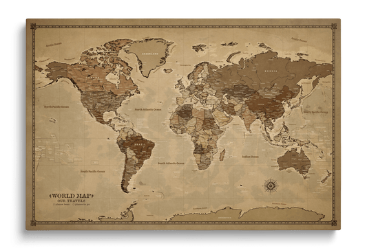 Carte du Monde Personnalisée sur Toile avec Épingles - Vintage Sepia