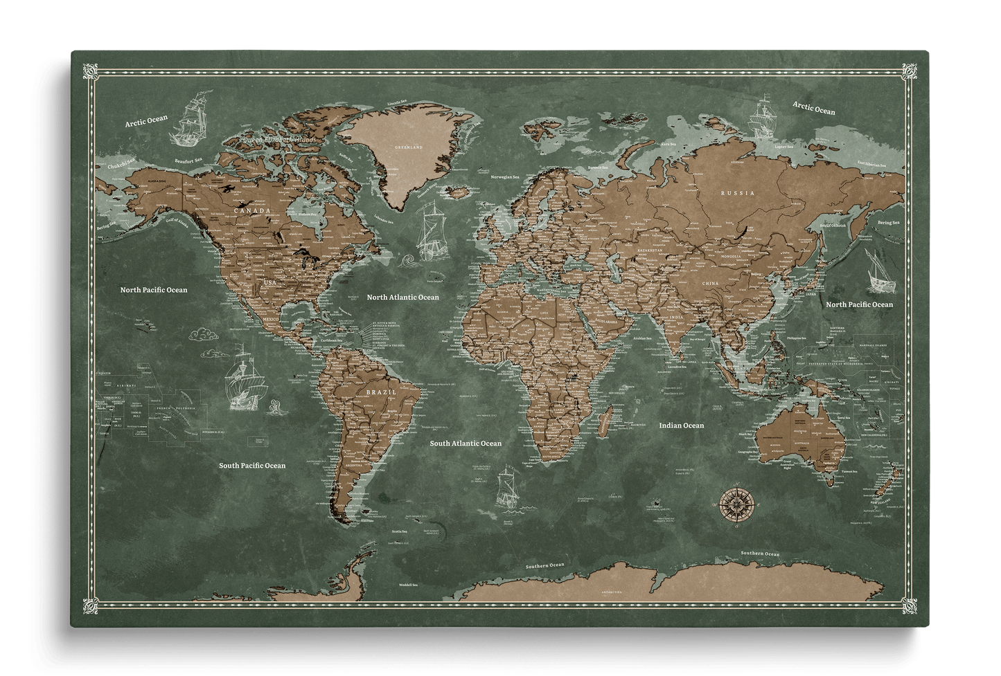 Carte du Monde Personnalisée sur Toile avec Épingles - Vert Explorateur