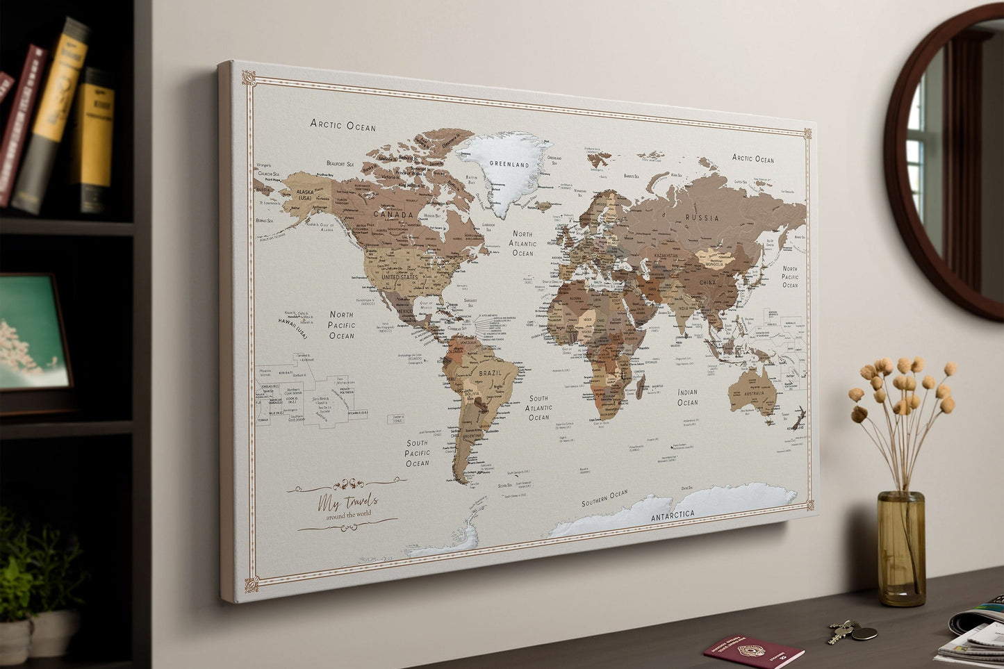 Carte du Monde Personnalisée sur Toile avec Épingles - Choco Latte