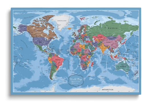 Colorful world map pinboard on canvas with pushpins, decorative wall map for marking travels or education