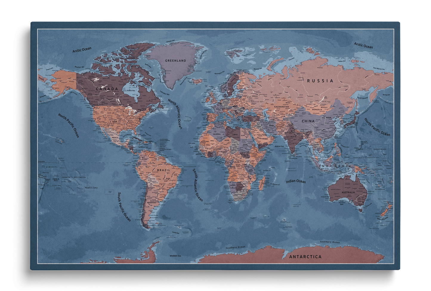 Blue world map with red and purple countries on canvas, perfect for marking travels with pushpins, elegant wall decor