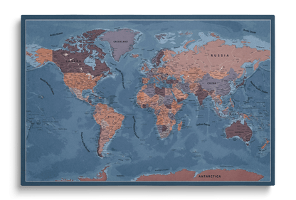 Blue world map with red and purple countries on canvas, perfect for marking travels with pushpins, elegant wall decor