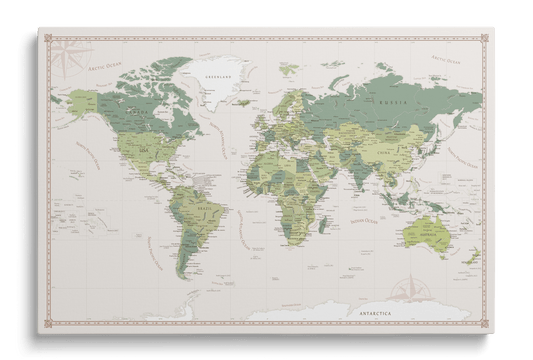 Green world map on canvas with pushpins for marking travels, decorative and functional wall decor